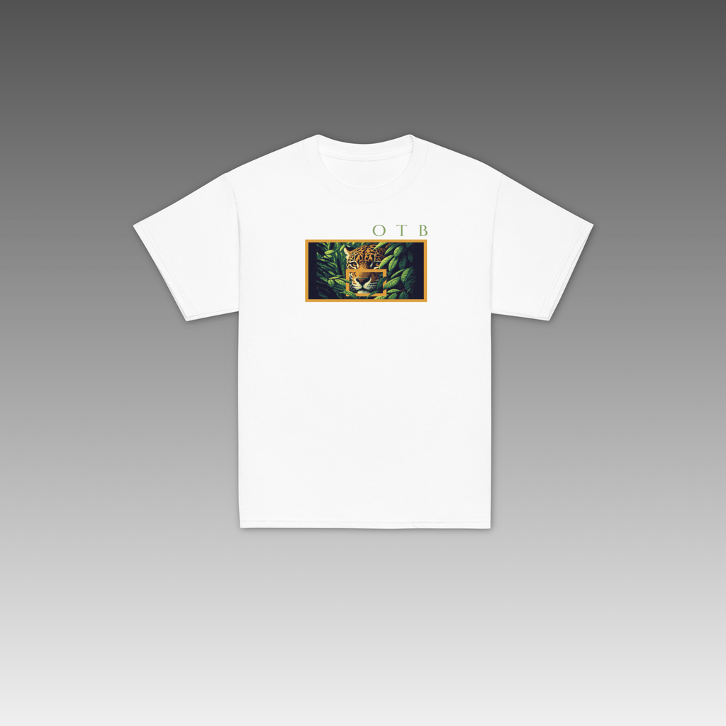 OTB Youth Tee in Jungle Jaguar design - front view showcasing a white youth t-shirt with vibrant jungle jaguar graphics and wild animal artwork, made with soft, comfortable fabric perfect for kids who love wildlife and basketball