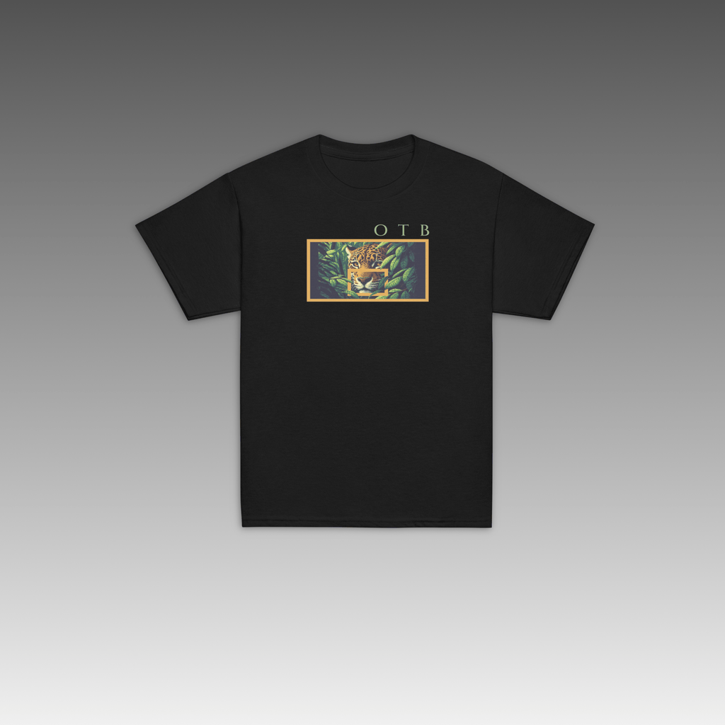 OTB Youth Tee in Jungle Jaguar design - front view showcasing a black youth t-shirt with vibrant jungle jaguar graphics and wild animal artwork, made with soft, comfortable fabric perfect for kids who love wildlife and basketball
