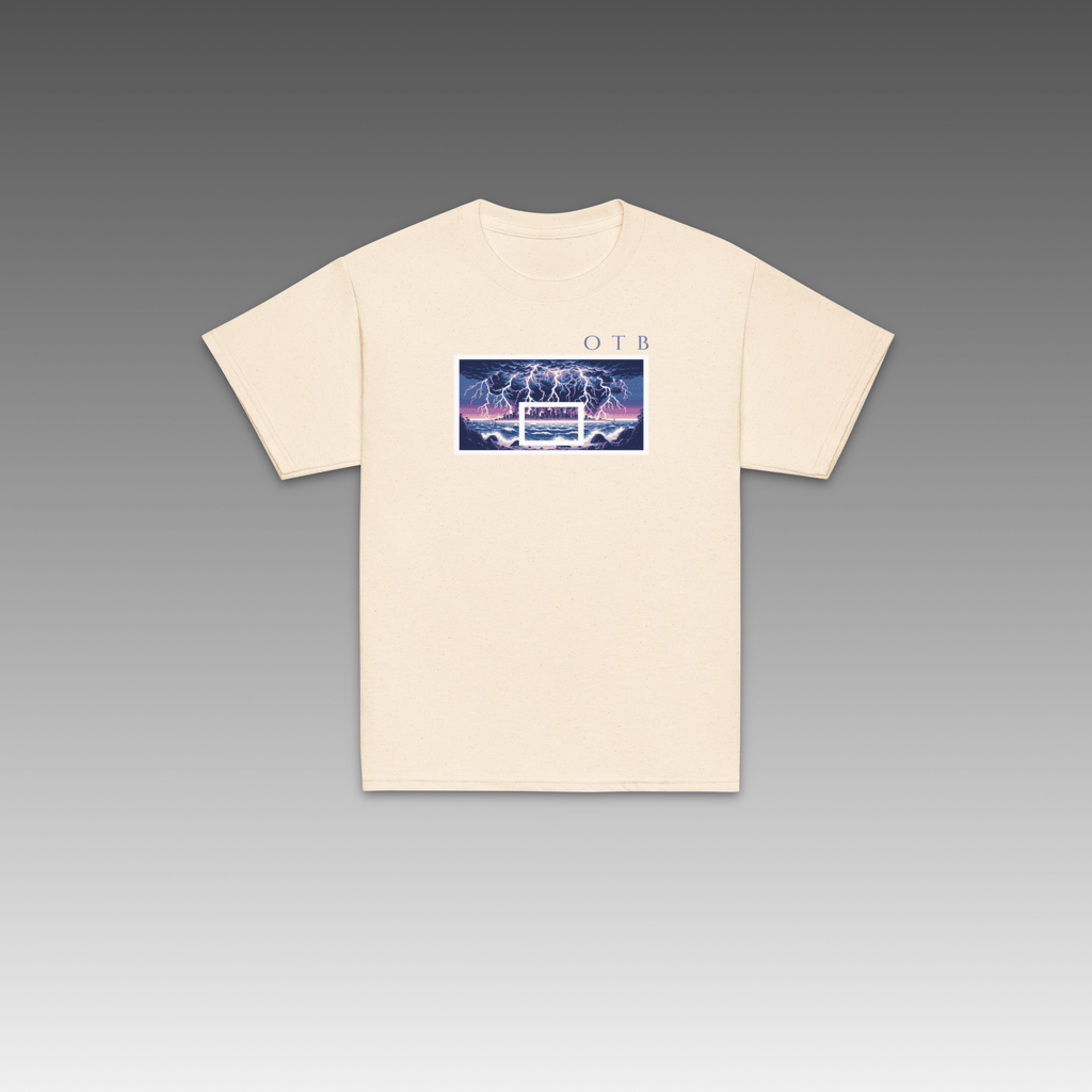 OTB Youth Tee in Lightning Storm design - front view showcasing an off-white youth t-shirt with dynamic lightning storm graphics and electric weather artwork, made with soft, comfortable fabric perfect for kids who love powerful weather and basketball