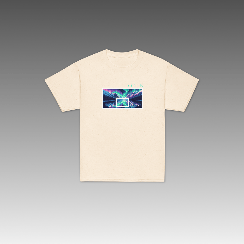 OTB Youth Tee in Northern Lights design - front view showcasing an off-white youth t-shirt with vibrant aurora borealis graphics and northern lights-inspired artwork, made with soft, comfortable fabric perfect for kids who love celestial phenomena and basketball