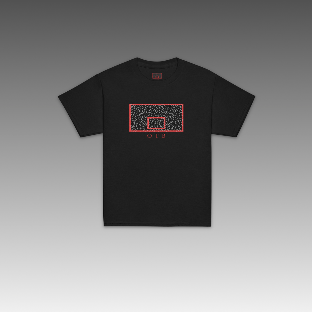 OTB Youth Tee in Red 90s Squiggle design - back view displaying the energetic 90s-inspired squiggle pattern on bright red fabric, highlighting the quality construction and comfortable fit for active children