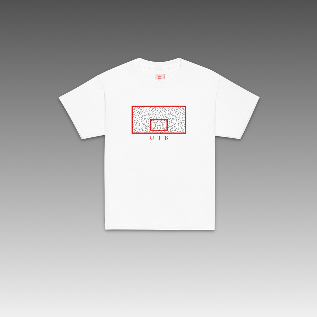 OTB Youth Tee in Red 90s Squiggle design - front view showcasing vibrant red t-shirt with playful 90s-inspired squiggle pattern, made with soft, comfortable fabric perfect for basketball-loving kids