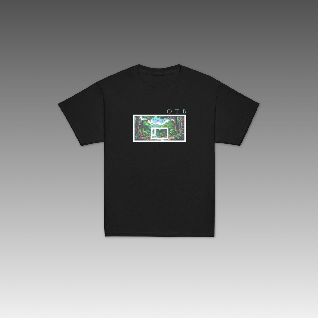 OTB Youth Tee in Retro Rainforest design - front view showcasing a black youth t-shirt with vintage-inspired rainforest graphics and retro jungle artwork, made with soft, comfortable fabric perfect for kids who love nature and basketball