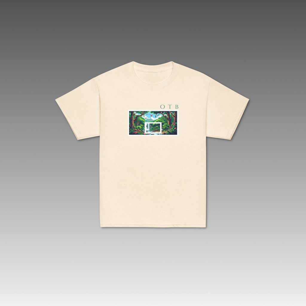 OTB Youth Tee in Retro Rainforest design - front view showcasing an off-white youth t-shirt with vintage-inspired rainforest graphics and retro jungle artwork, made with soft, comfortable fabric perfect for kids who love nature and basketball