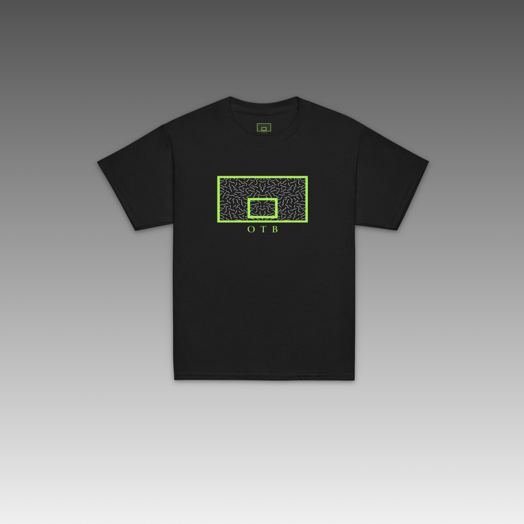 OTB Youth Tee in Slime Green 90s Squiggle design - back view displaying the vibrant 90s-inspired squiggle pattern on bright green fabric, highlighting the quality construction and kid-friendly fit