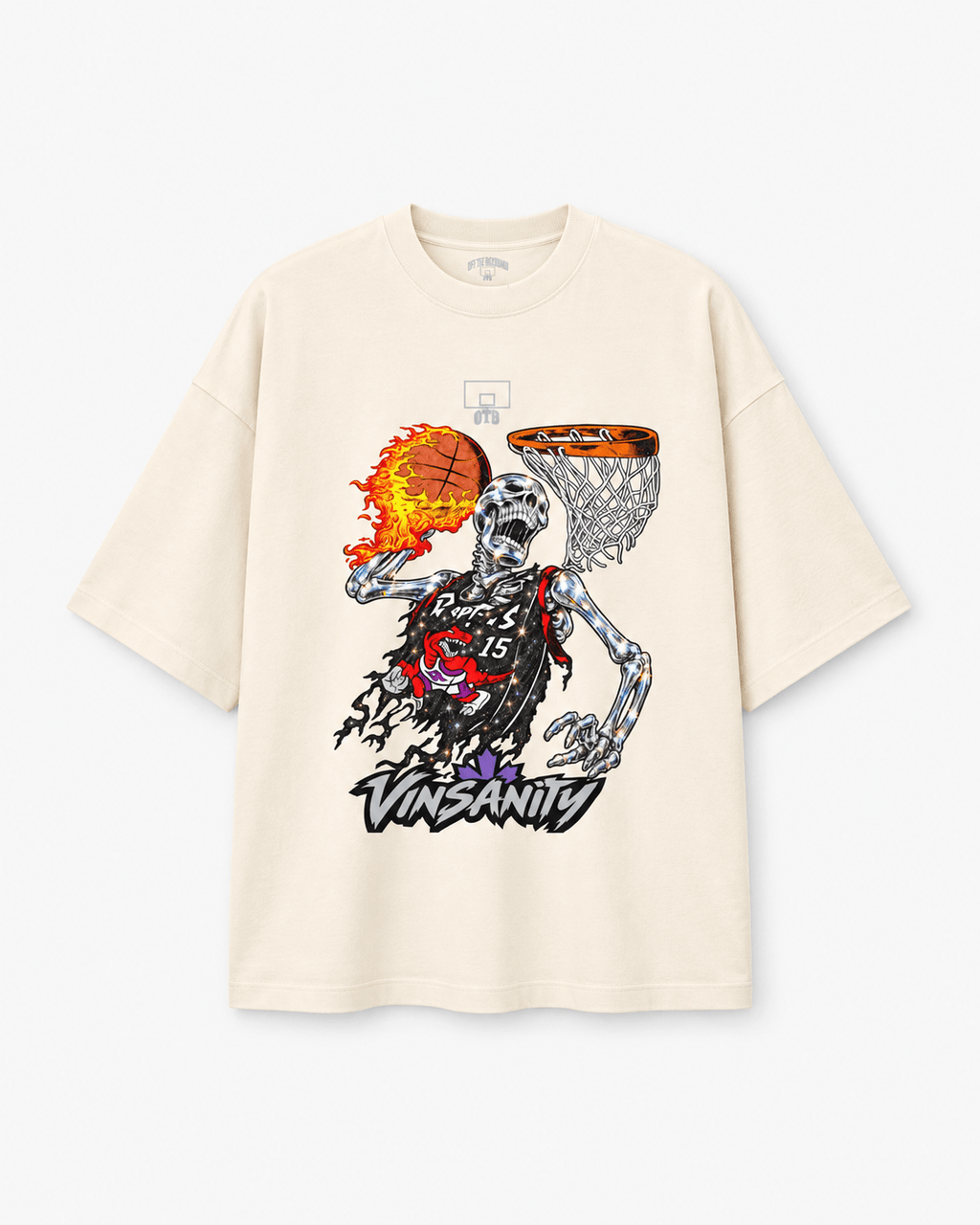 An oversized cream-colored t-shirt featuring a large graphic print of a skeleton basketball player dunking a flaming orange basketball, with the word 'VANSANTY' printed below in a stylized font.