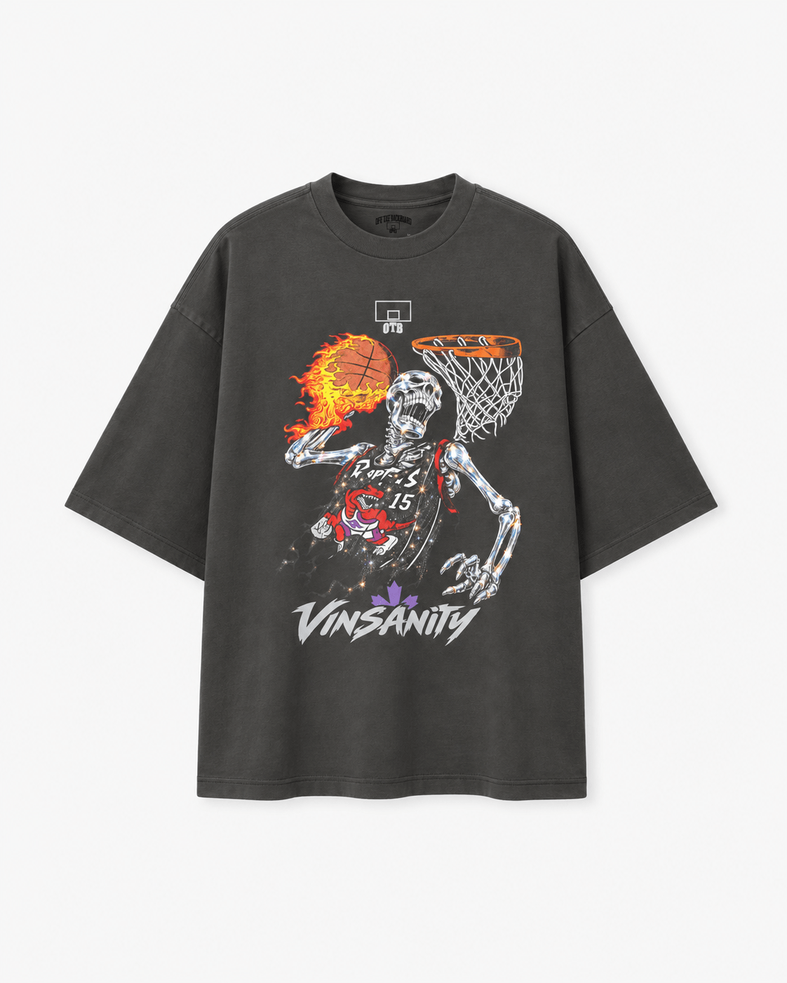 A dark gray oversized graphic t-shirt featuring a skeleton basketball player dunking with a flaming ball and the word 'VINSANITY' printed below, displayed on a light gray background.