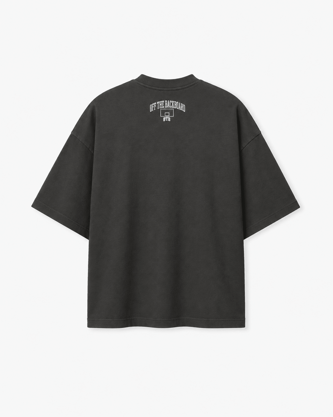 A dark gray oversized short-sleeve t-shirt shown from the back, featuring a small white graphic print on the upper back that reads 'OFF THE BACKROAD' with a bus illustration.