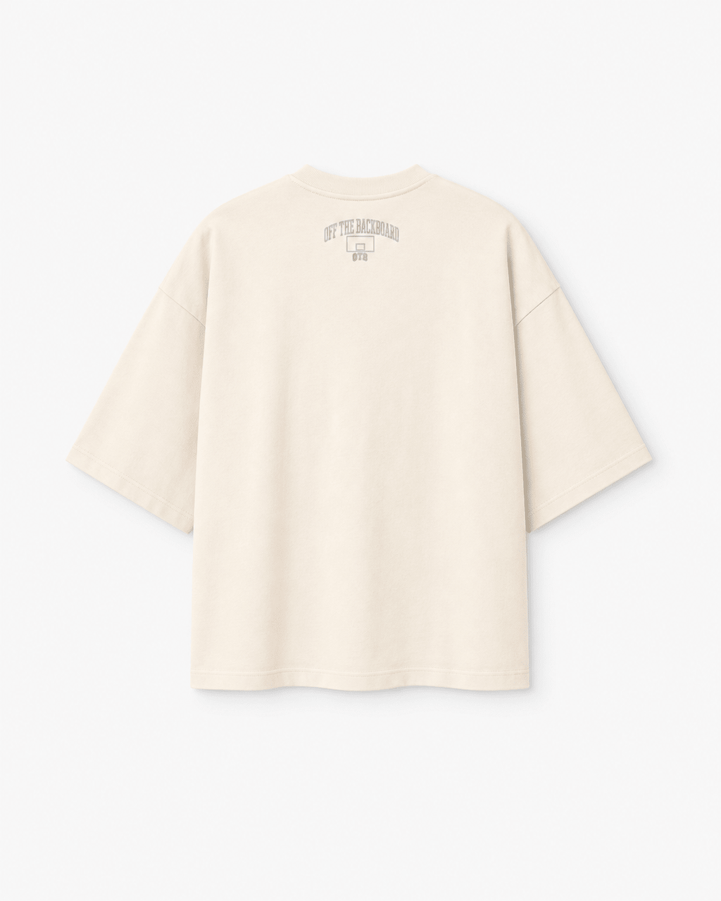 A cream-colored short-sleeve t-shirt shown from the back, featuring a small gray graphic print on the upper back.