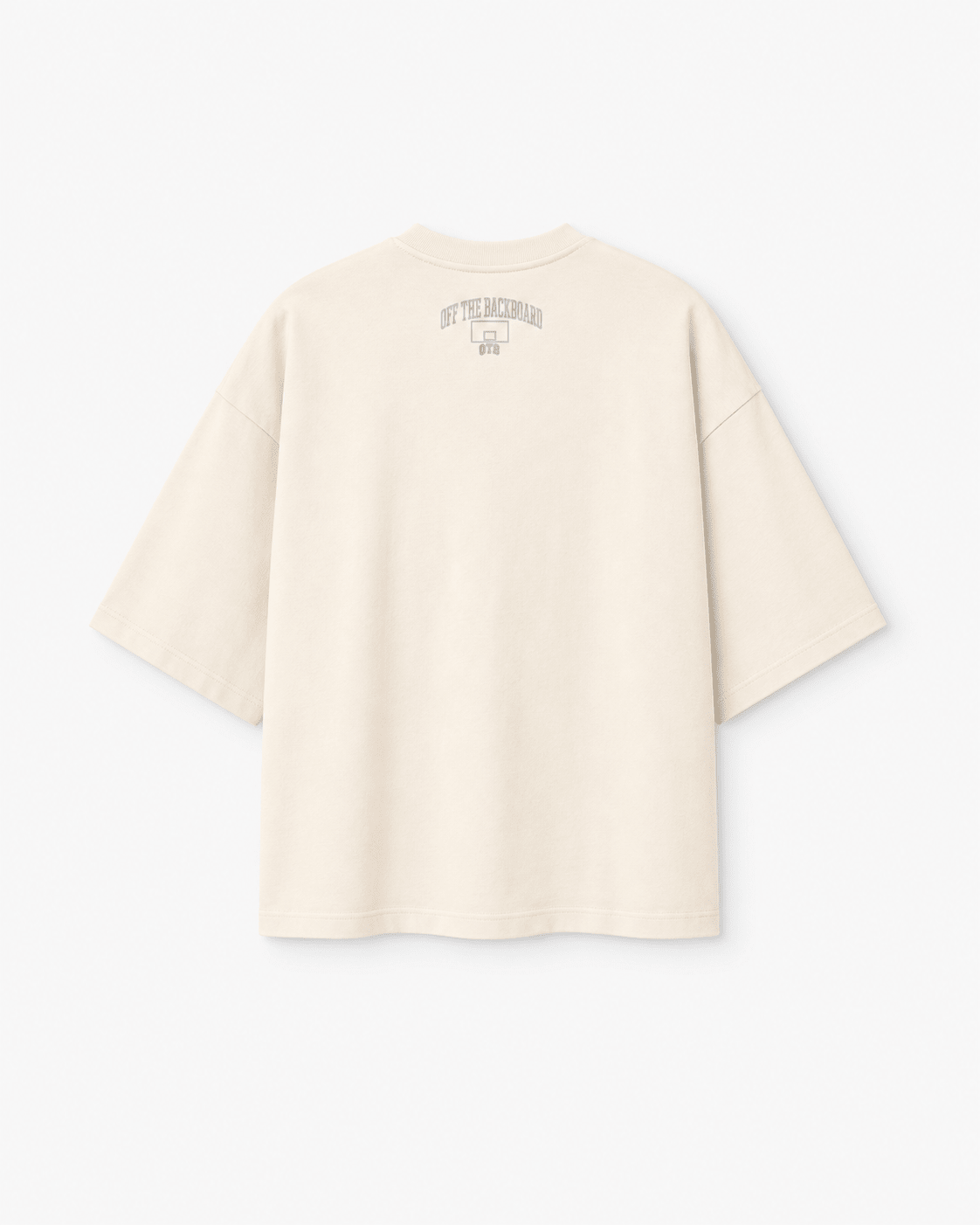 A cream-colored short-sleeve t-shirt shown from the back, featuring a small gray graphic print on the upper back.